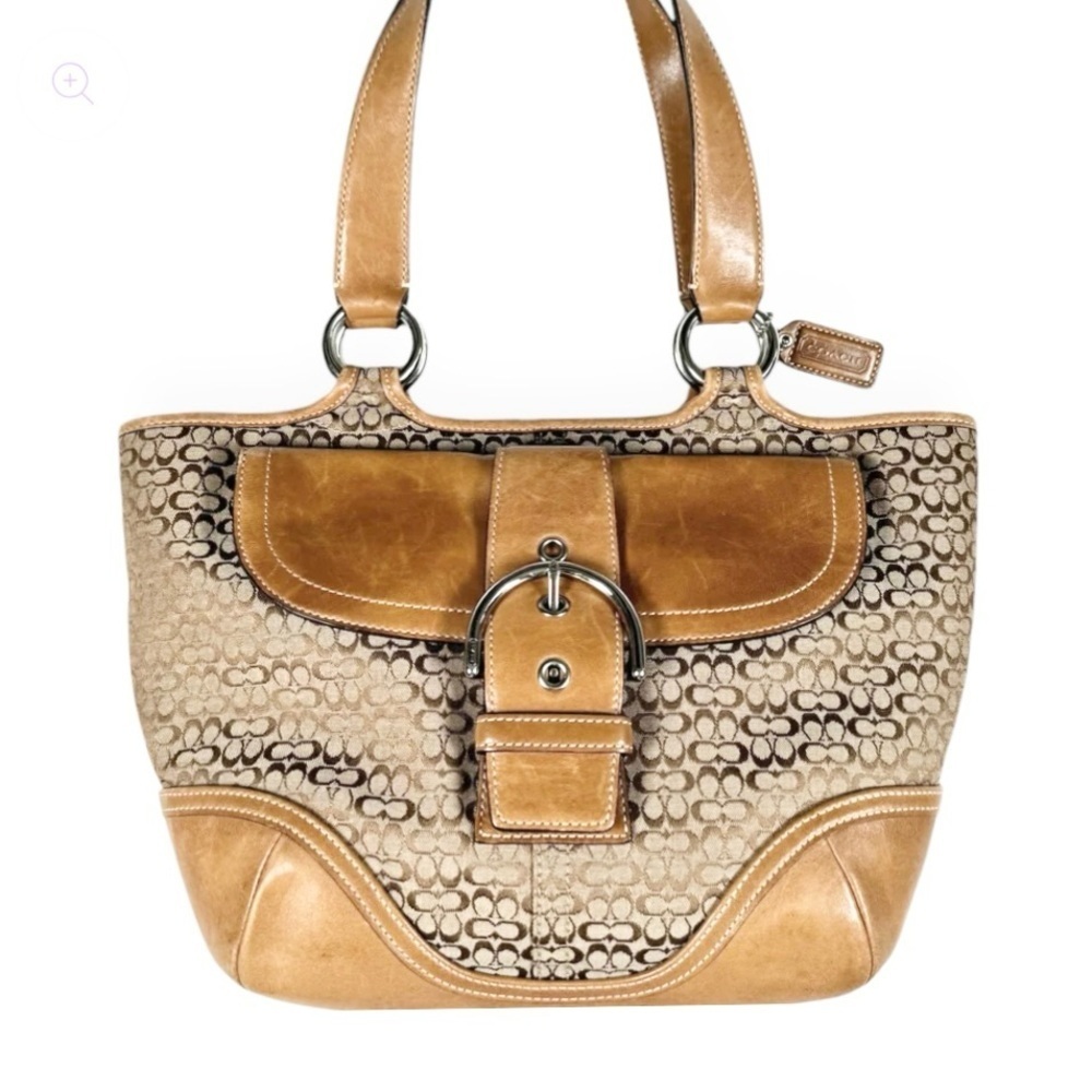 COACH Vintage Soho Signature Leather and Canvas Tote Bag, 7081, tan/brown